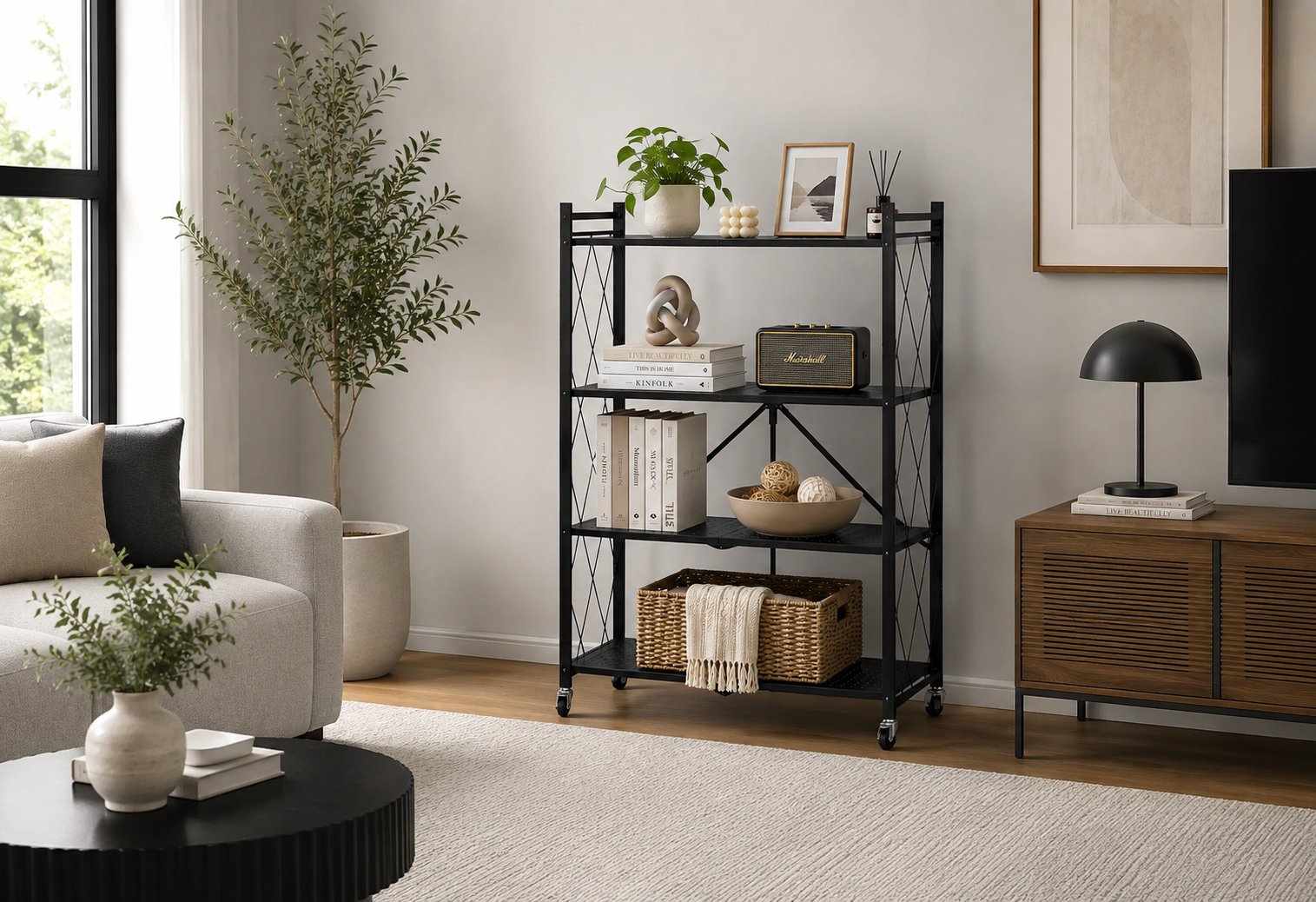 4-tier metal storage stand with wheels for modern home organization and living room décor in Lebanon