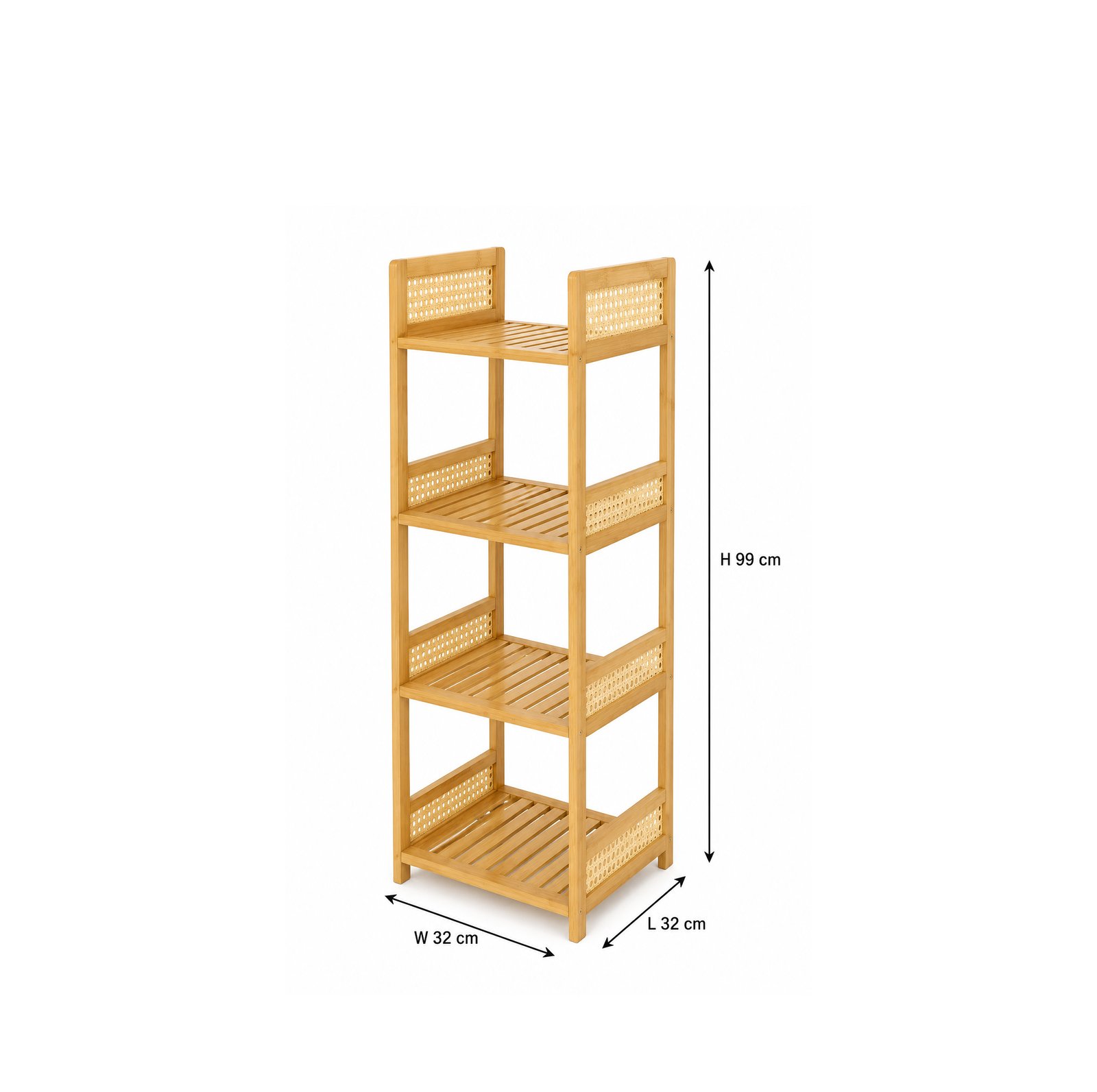 Light wood and rattan four-tier display shelf with open storage shelves for home organization and decoration in Lebanon.