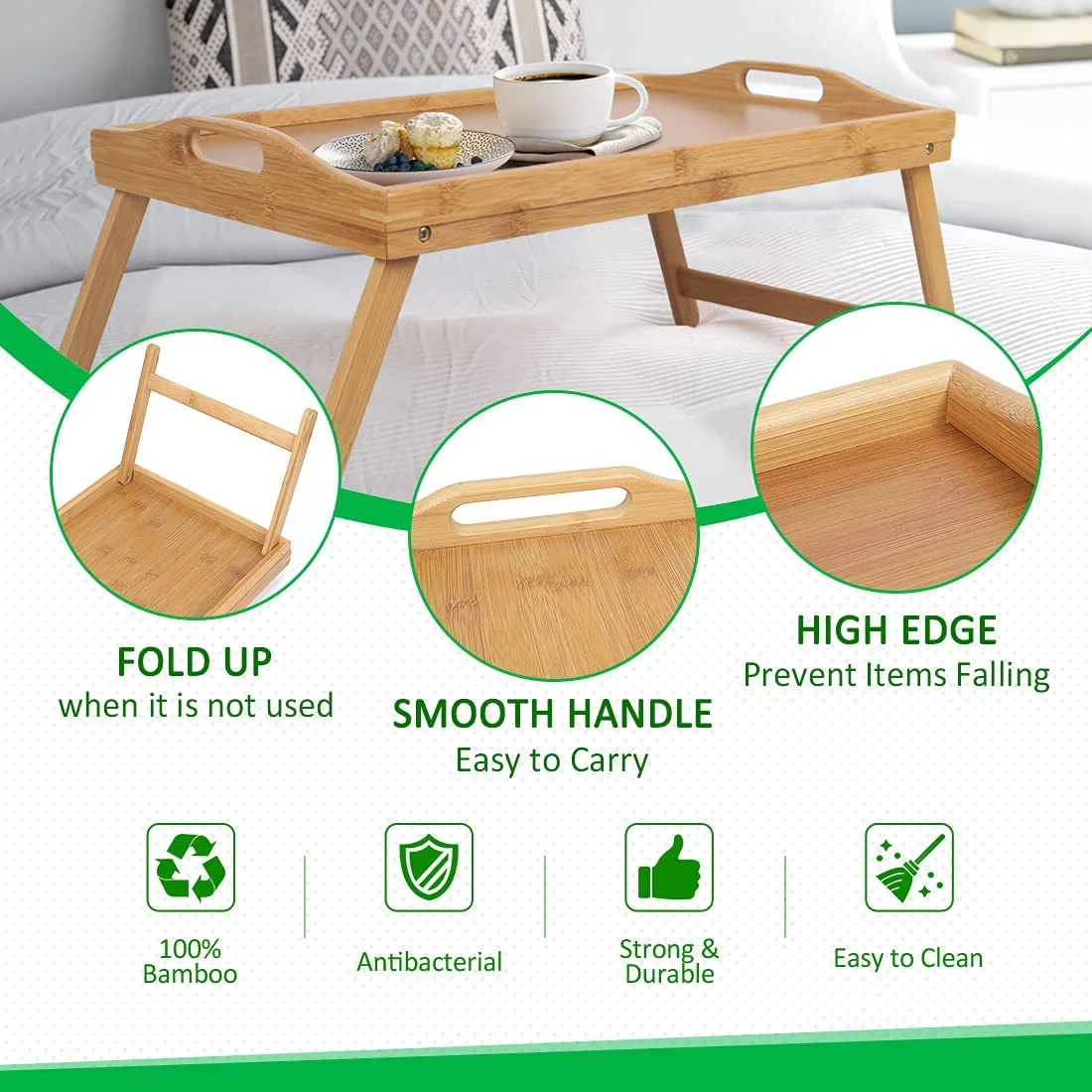 Foldable bamboo breakfast tray table with legs for bed sofa laptop and serving use in Lebanon