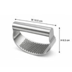 stainless steel garlic presser with ergonomic handle and rocker crusher design for easy garlic chopping.
