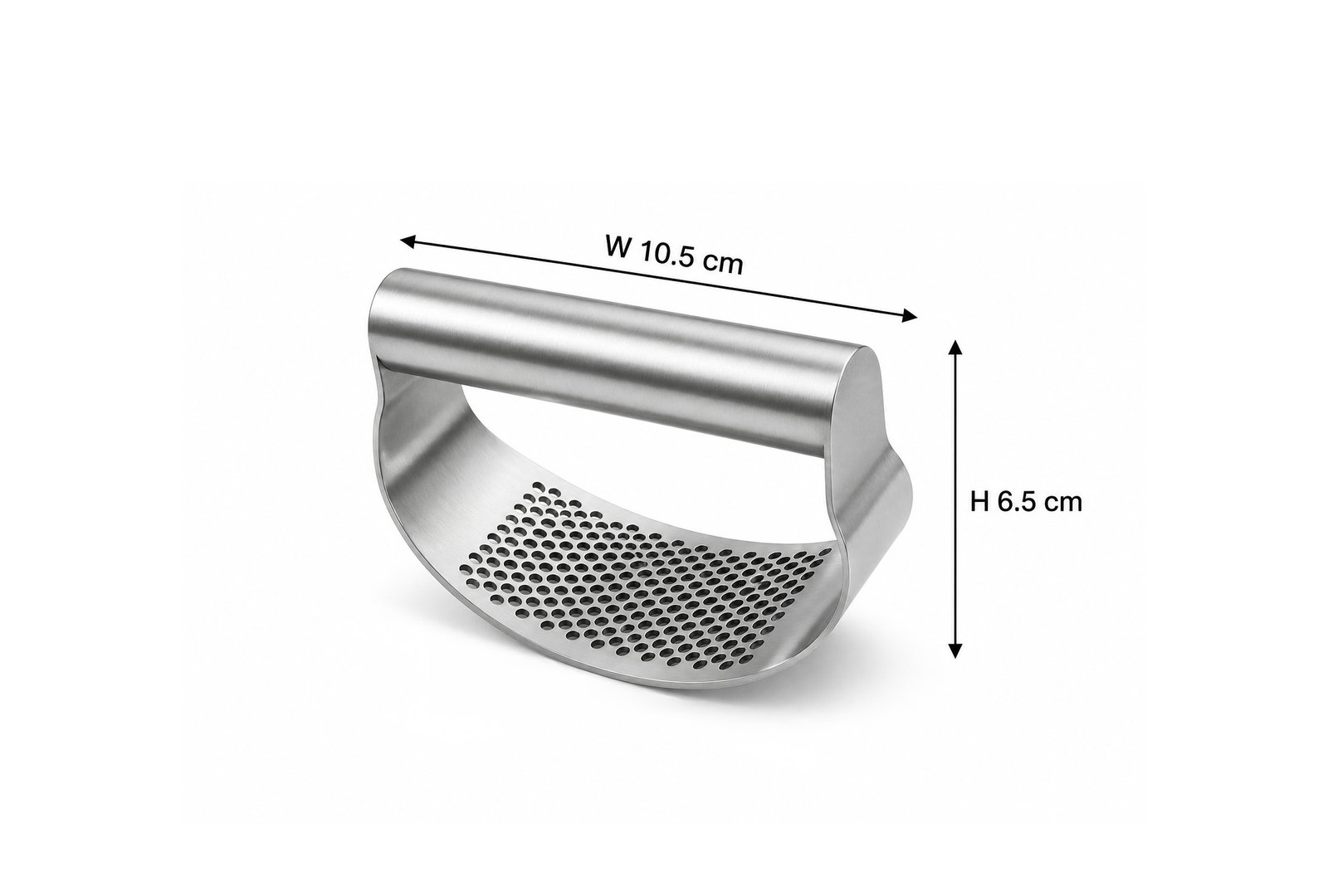 stainless steel garlic presser with ergonomic handle and rocker crusher design for easy garlic chopping.