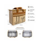 fabric lunch bag with removable divider, double zipper, and front pocket for food and flasks.
