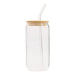 glass jar with reusable glass straw and airtight bamboo lid for iced coffee, juice, smoothies, and cocktails.