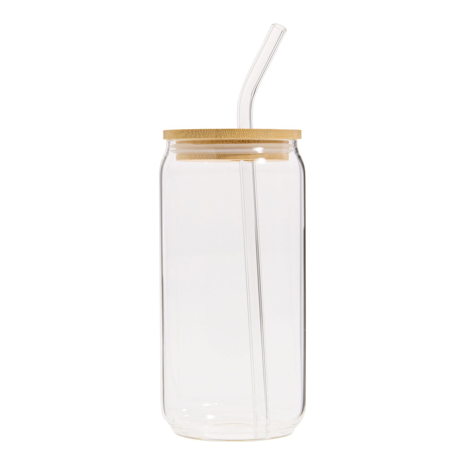 glass jar with reusable glass straw and airtight bamboo lid for iced coffee, juice, smoothies, and cocktails.