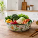 Large vintage floral metal serving bowl with green rim and decorative flower pattern for kitchen and dining table use.