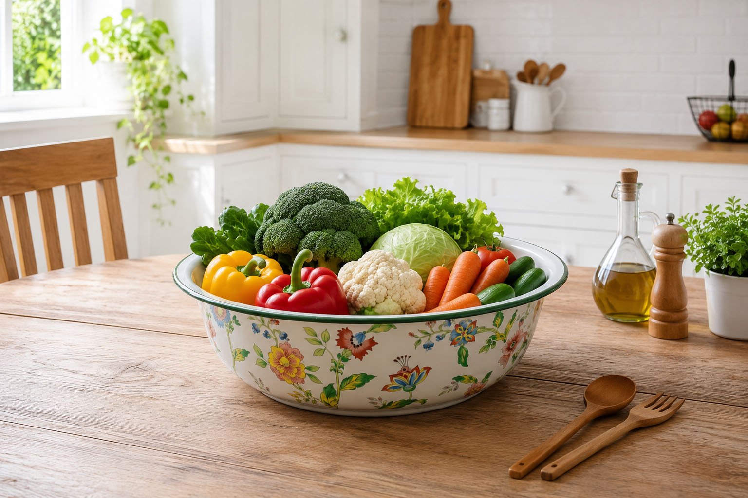 Large vintage floral metal serving bowl with green rim and decorative flower pattern for kitchen and dining table use.