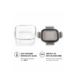 Set of 4 square borosilicate glass food storage containers with airtight silicone-sealed lids, heat resistant up to 400°C.