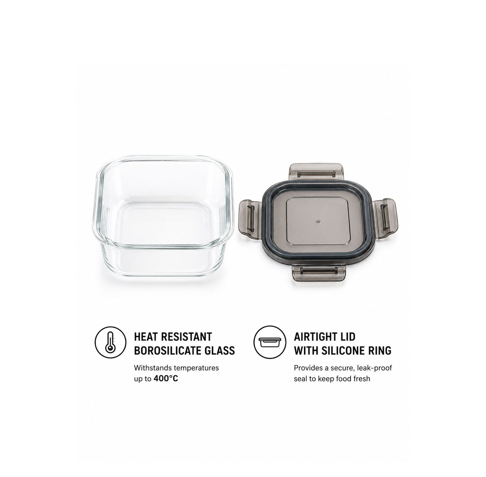 Set of 4 square borosilicate glass food storage containers with airtight silicone-sealed lids, heat resistant up to 400°C.