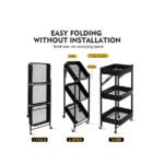 Black 3 tier folding storage trolley with rotating wheels and handle for organizing kitchen, bathroom, office, laundry room, and garage essentials.