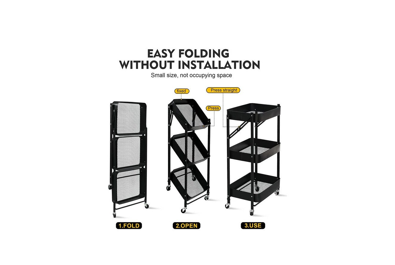 Black 3 tier folding storage trolley with rotating wheels and handle for organizing kitchen, bathroom, office, laundry room, and garage essentials.