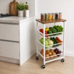 3-tier rolling storage cart with wooden top and metal baskets for kitchen and home storage in Lebanon