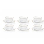 set of 6 heart shaped ribbed glass bowls with gold rim and matching saucers
