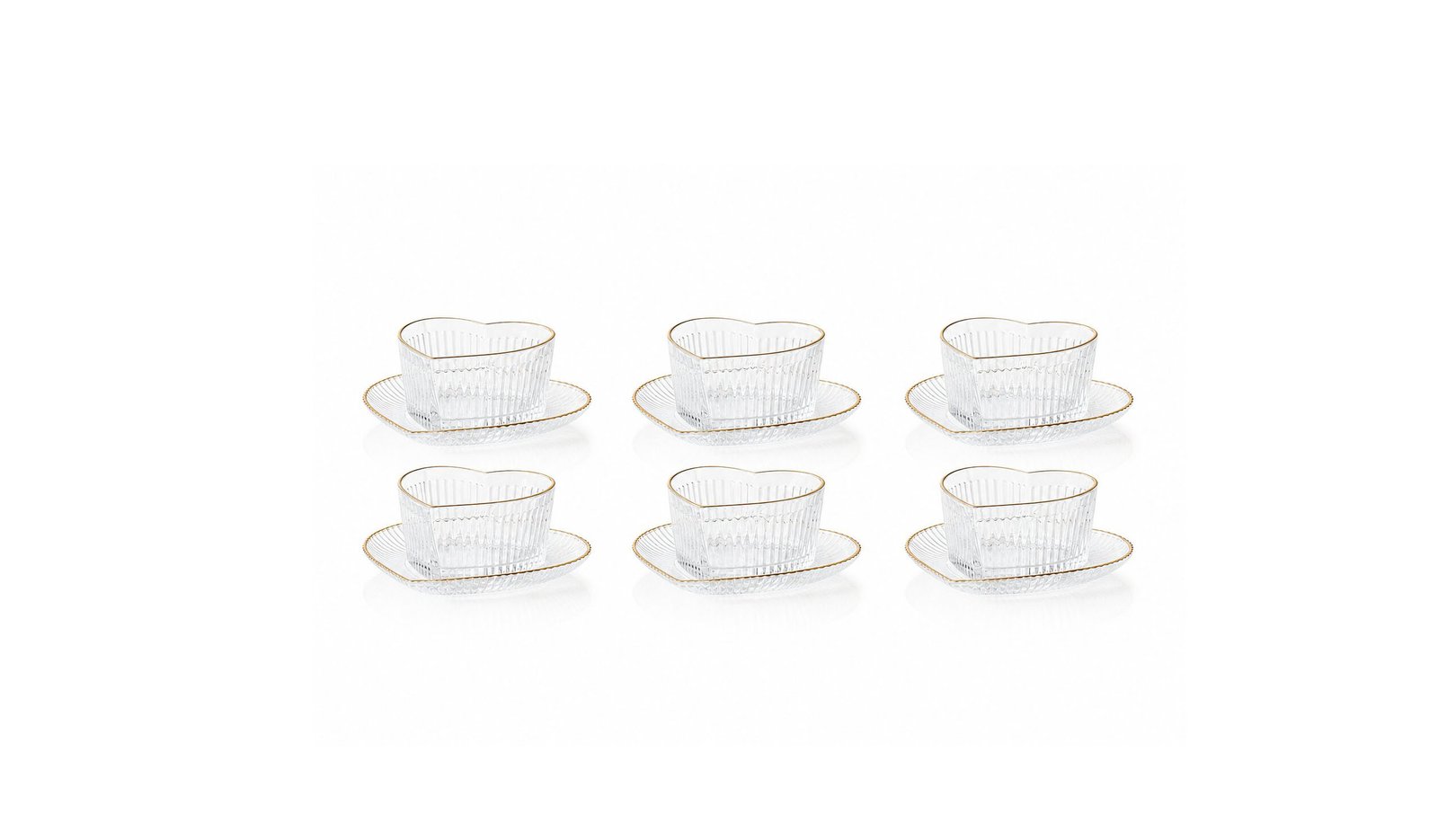 set of 6 heart shaped ribbed glass bowls with gold rim and matching saucers