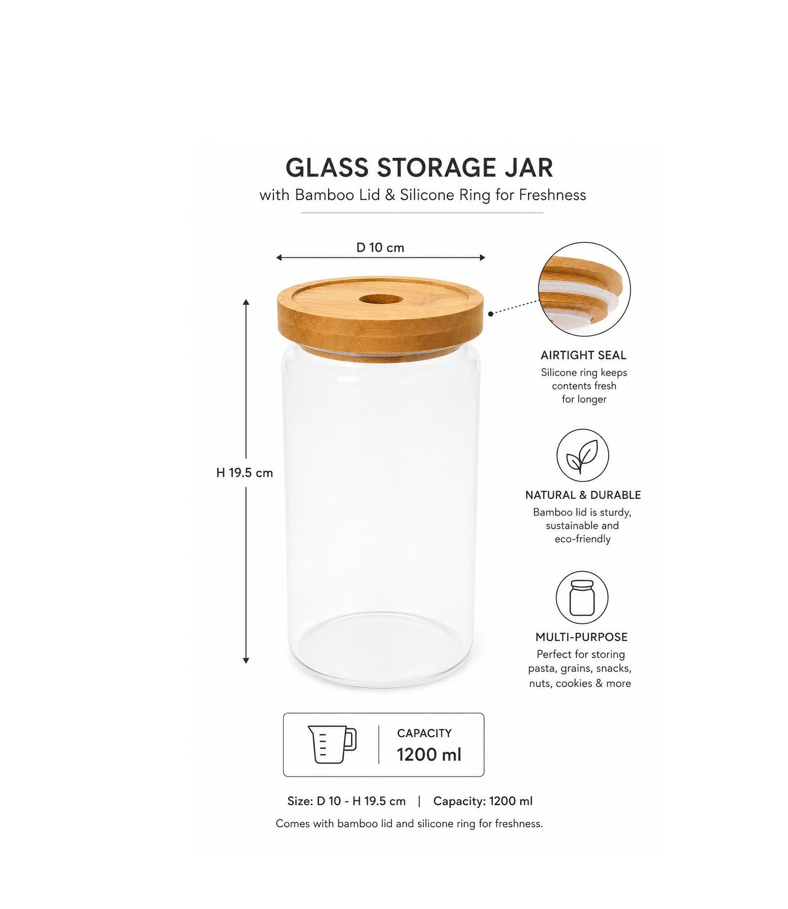Transparent airtight round glass storage jar with bamboo wood lid and silicone sealing ring for kitchen organization