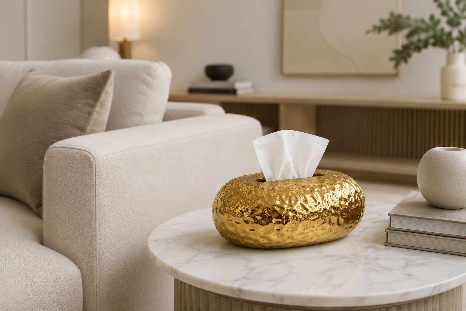 Luxury gold egg-shaped decorative tissue box with glossy reflective finish and black interior on white background.
