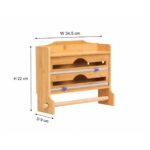 Bamboo 3-in-1 kitchen organizer with foil cutter, cling film holder, spice rack, and paper towel holder in natural wood finish.