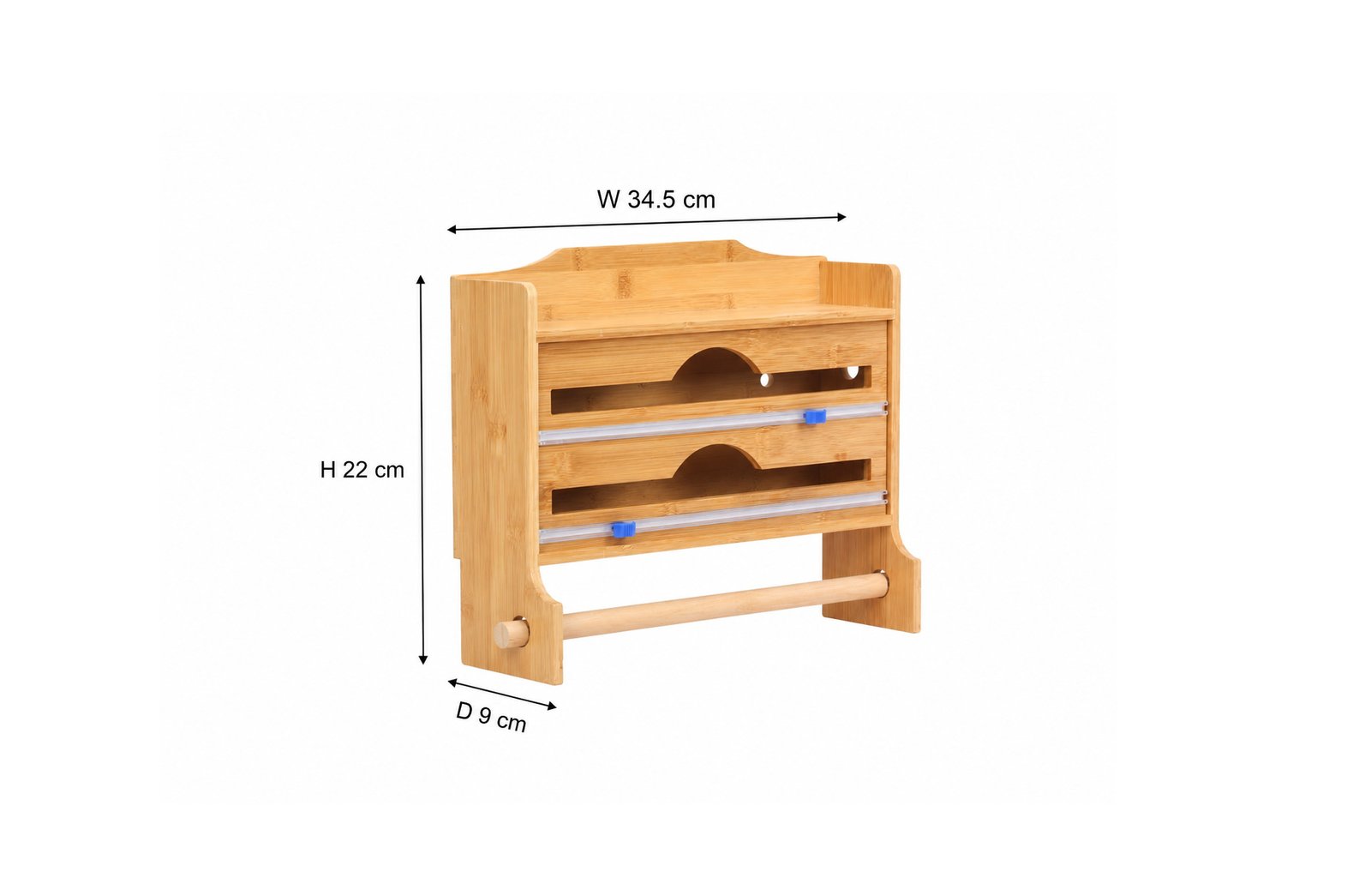 Bamboo 3-in-1 kitchen organizer with foil cutter, cling film holder, spice rack, and paper towel holder in natural wood finish.