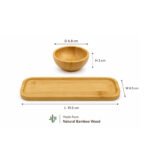 3-piece natural bamboo mini sauce bowl set with rectangular serving tray for sauces, spices, dips, and snacks.