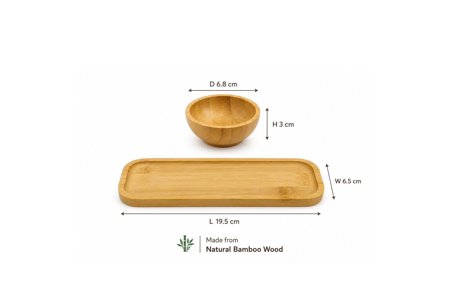 3-piece natural bamboo mini sauce bowl set with rectangular serving tray for sauces, spices, dips, and snacks.