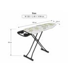 metallic ironing board with patterned cover and foldable metal legs on white background