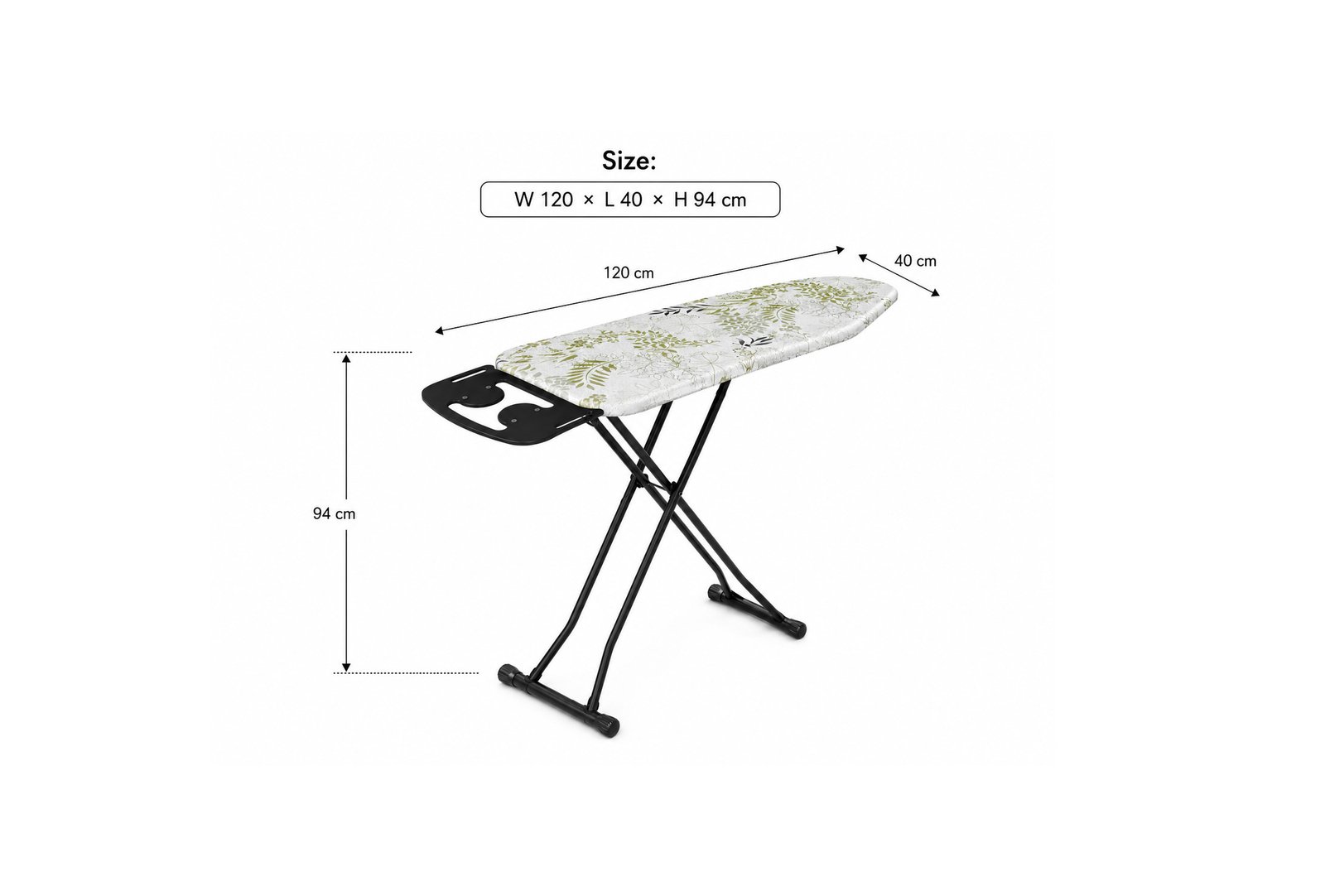 metallic ironing board with patterned cover and foldable metal legs on white background