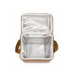 Beige insulated fabric lunch bag with shoulder strap and front pocket for carrying hot and cold food or coffee flasks in Lebanon