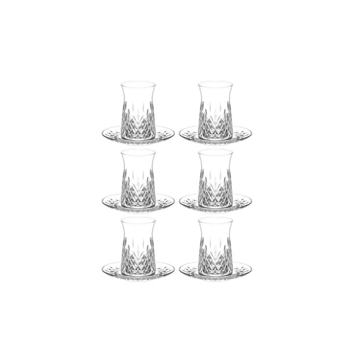 Lav Odin clear glass tea set with 6 tea cups and 6 matching saucers for elegant Turkish tea serving in Lebanon