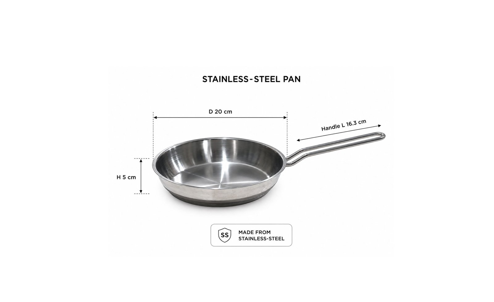 frying pan with long handle and polished finish on white background