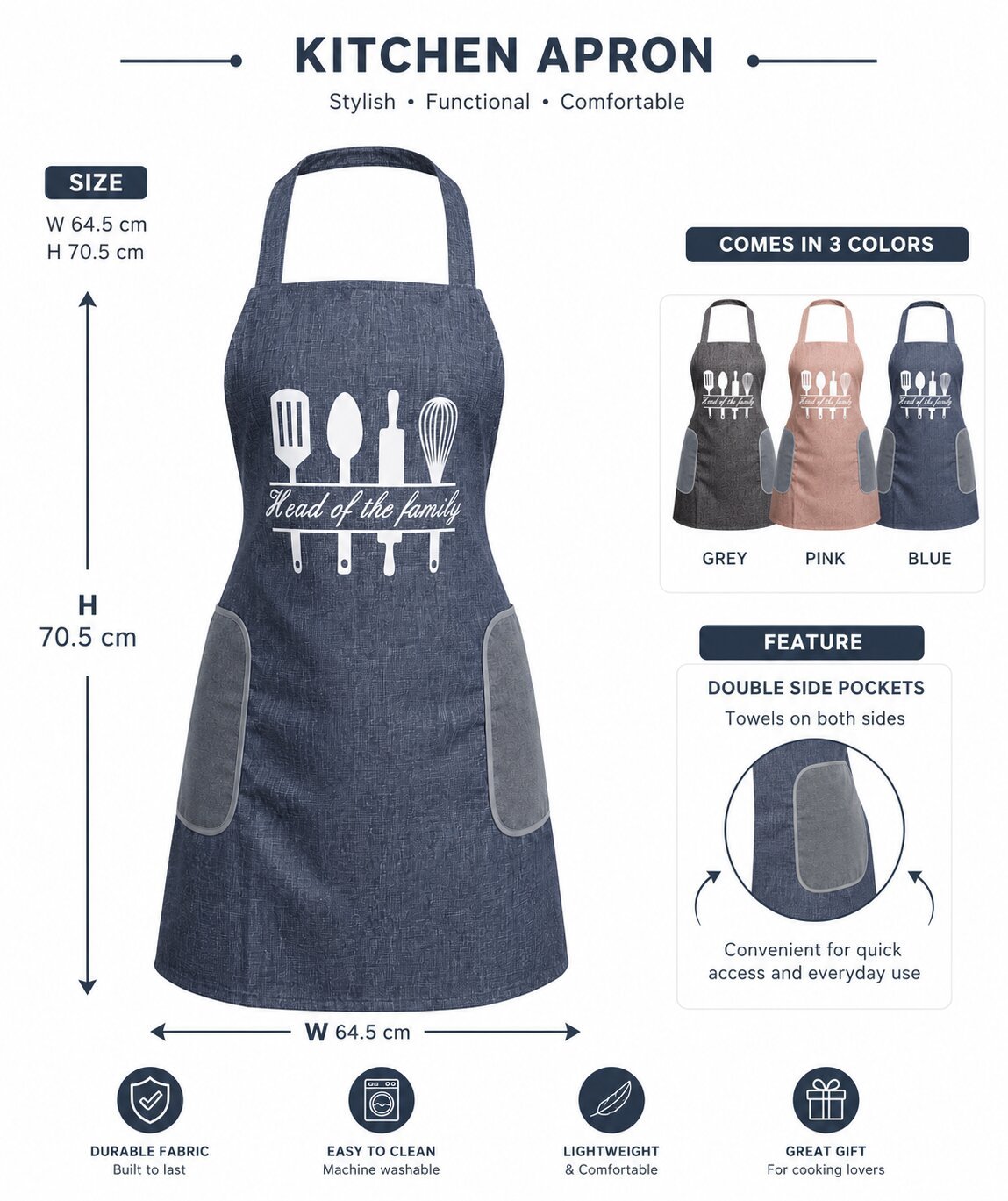 waterproof kitchen apron with double side towel pockets and Head of the Family cooking utensil print.