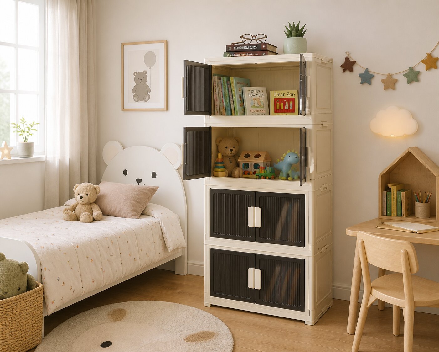 Foldable wardrobe with wheels and double doors white brown storage unit for home organization in Lebanon