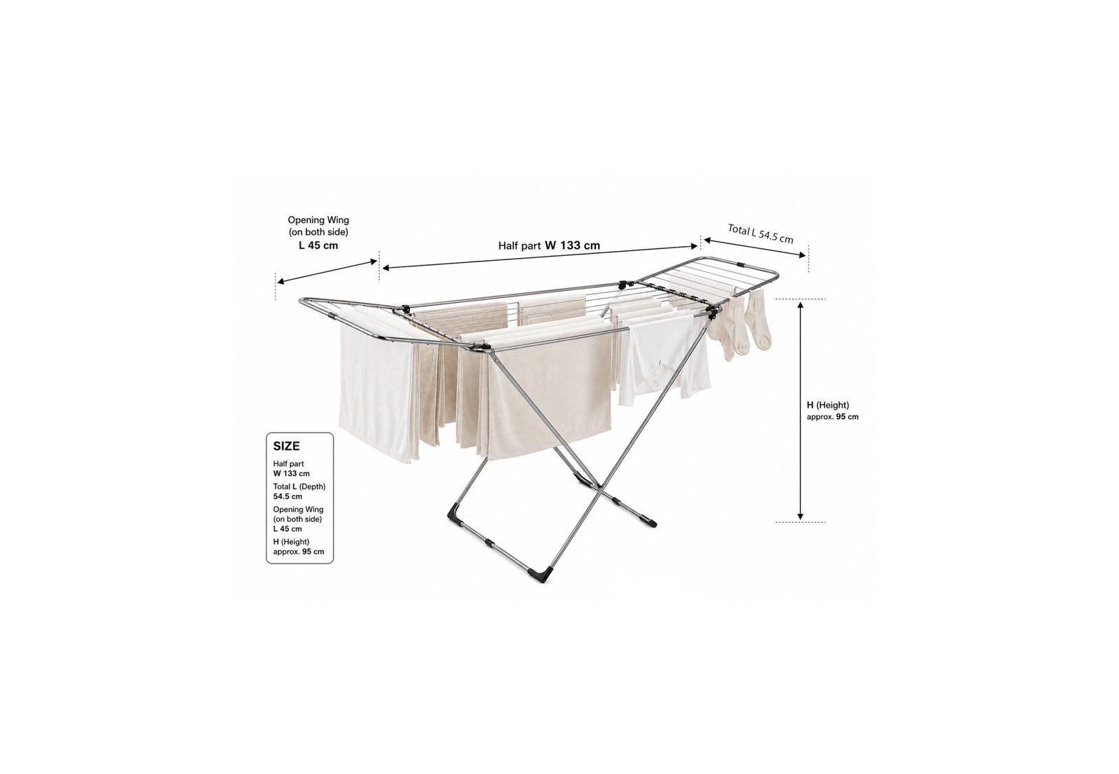 Perilla Mega Present steel foldable laundry drying rack with rust-resistant coating and side wings in white background