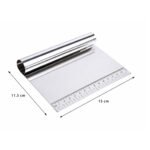 Stainless steel dough scraper cutter with measuring scale and ergonomic handle for baking and pastry preparation