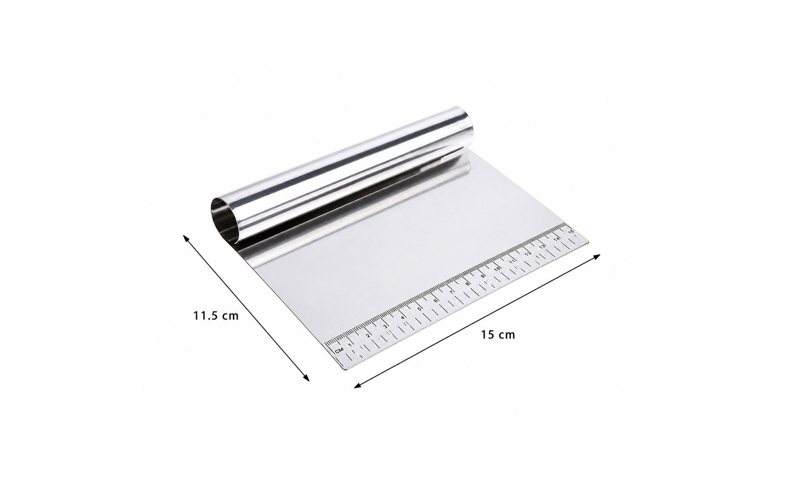 Stainless steel dough scraper cutter with measuring scale and ergonomic handle for baking and pastry preparation