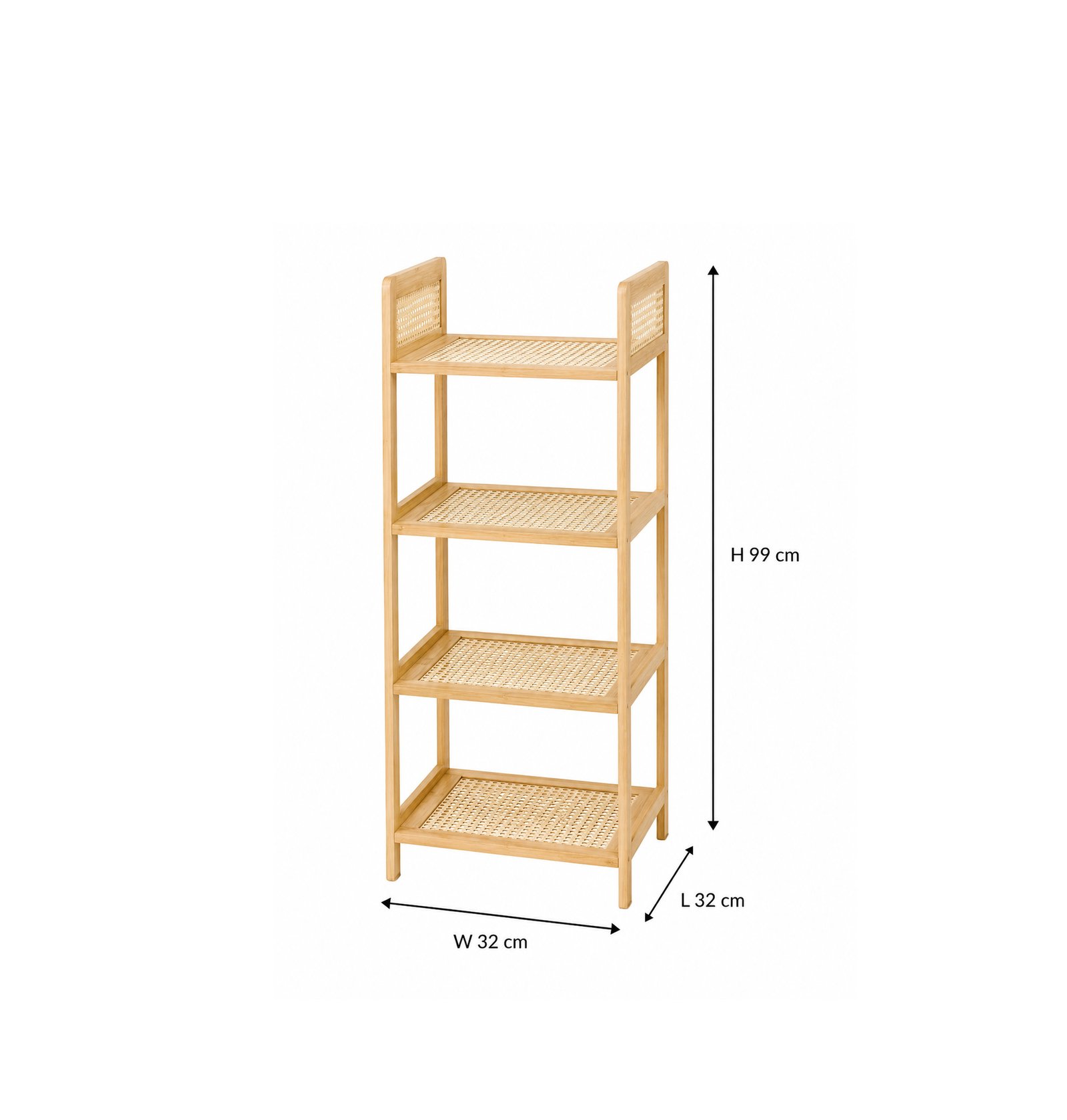 Light wood and rattan four-tier display shelf with open storage shelves for home organization and decoration in Lebanon.