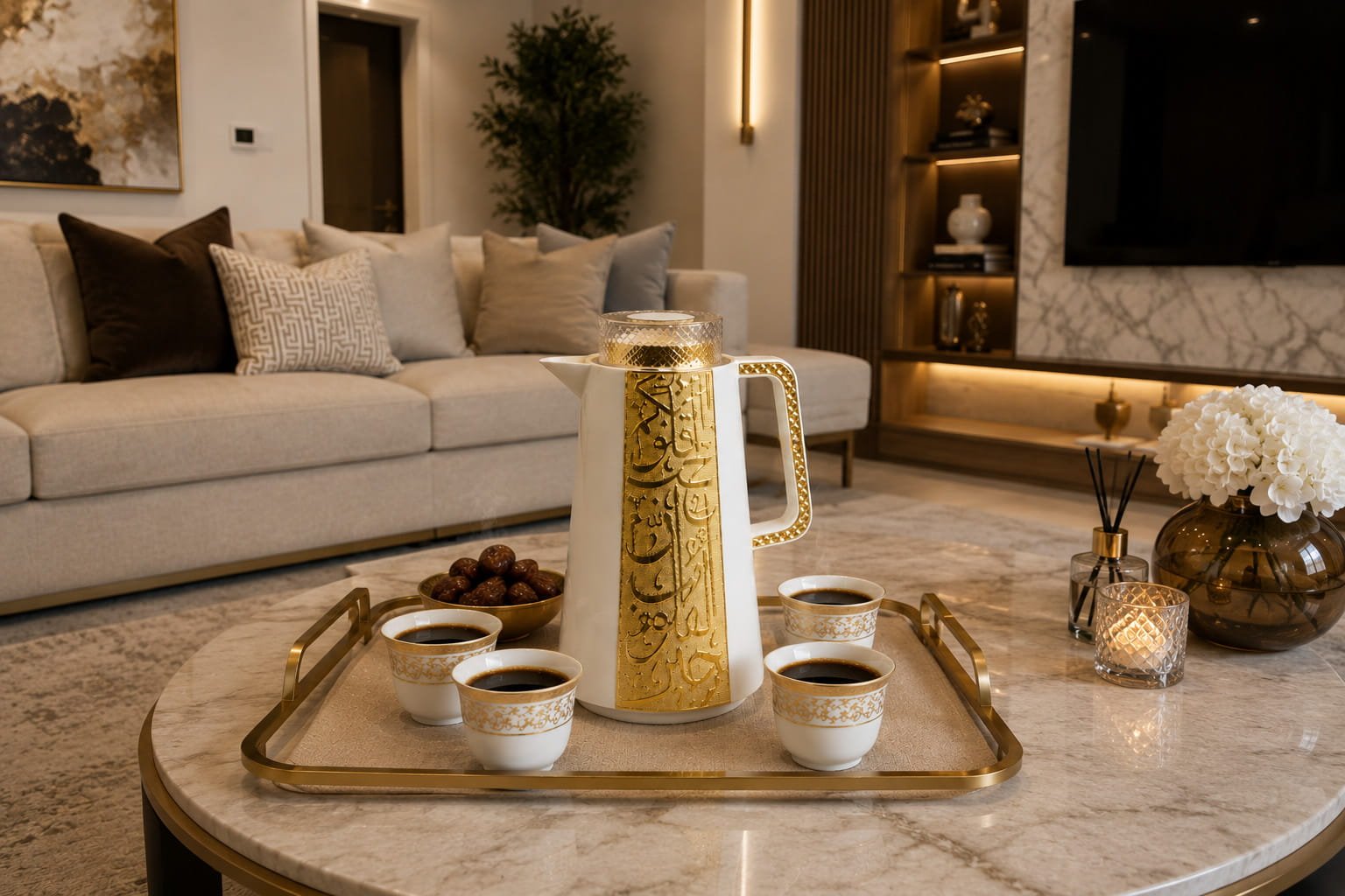 Luxury white and gold Arabic coffee thermos 1L with elegant gold calligraphy design and premium insulated serving flask for Arabic coffee and tea.