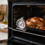 Stainless steel oven thermometer with 7 cm dial for accurate oven temperature monitoring in baking, roasting, and grilling.