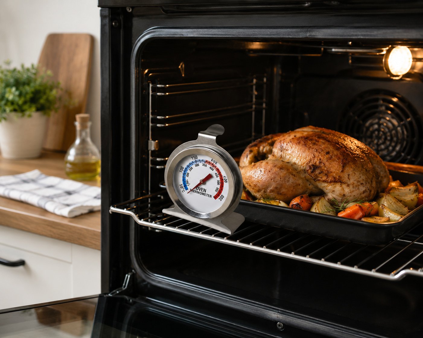 Stainless steel oven thermometer with 7 cm dial for accurate oven temperature monitoring in baking, roasting, and grilling.