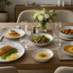 Folia 26-piece white porcelain dinnerware set with grey botanical leaf pattern and serving plates bowls collection