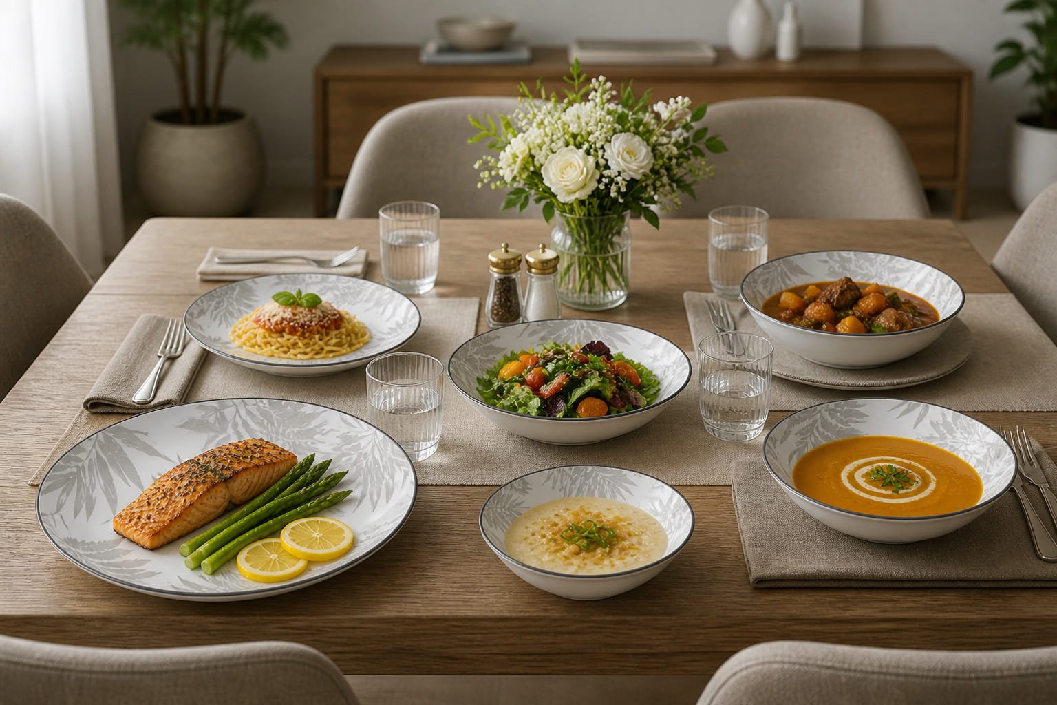 Folia 26-piece white porcelain dinnerware set with grey botanical leaf pattern and serving plates bowls collection