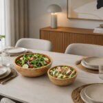 Pacen 2-piece natural bamboo salad bowl set with stackable serving bowls for salads, pasta, fruits, snacks, and modern kitchen décor.