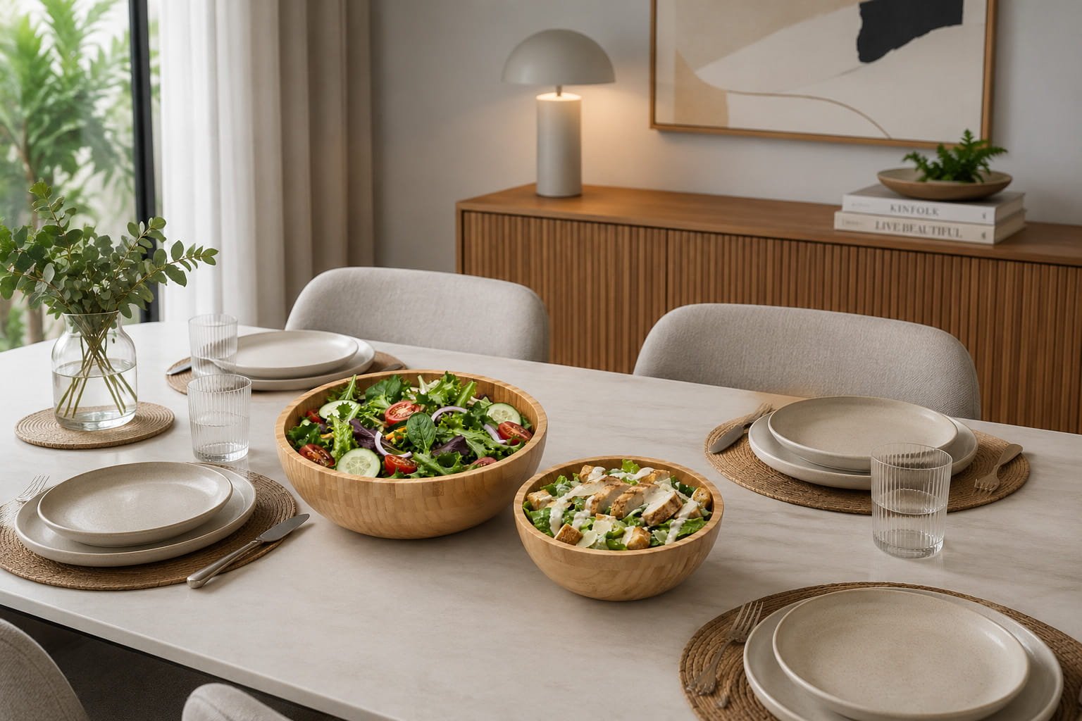 Pacen 2-piece natural bamboo salad bowl set with stackable serving bowls for salads, pasta, fruits, snacks, and modern kitchen décor.