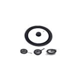 glass lid with black silicone rim suitable for 22 cm, 24 cm, and 26 cm pots and pans on white background.