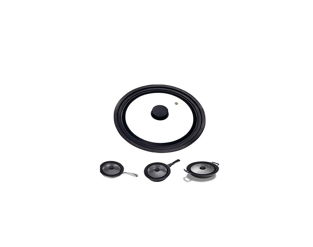 glass lid with black silicone rim suitable for 22 cm, 24 cm, and 26 cm pots and pans on white background.