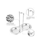 Food-grade stainless steel standing spoon rest with dual resting dishes for kitchen utensils in silver color.