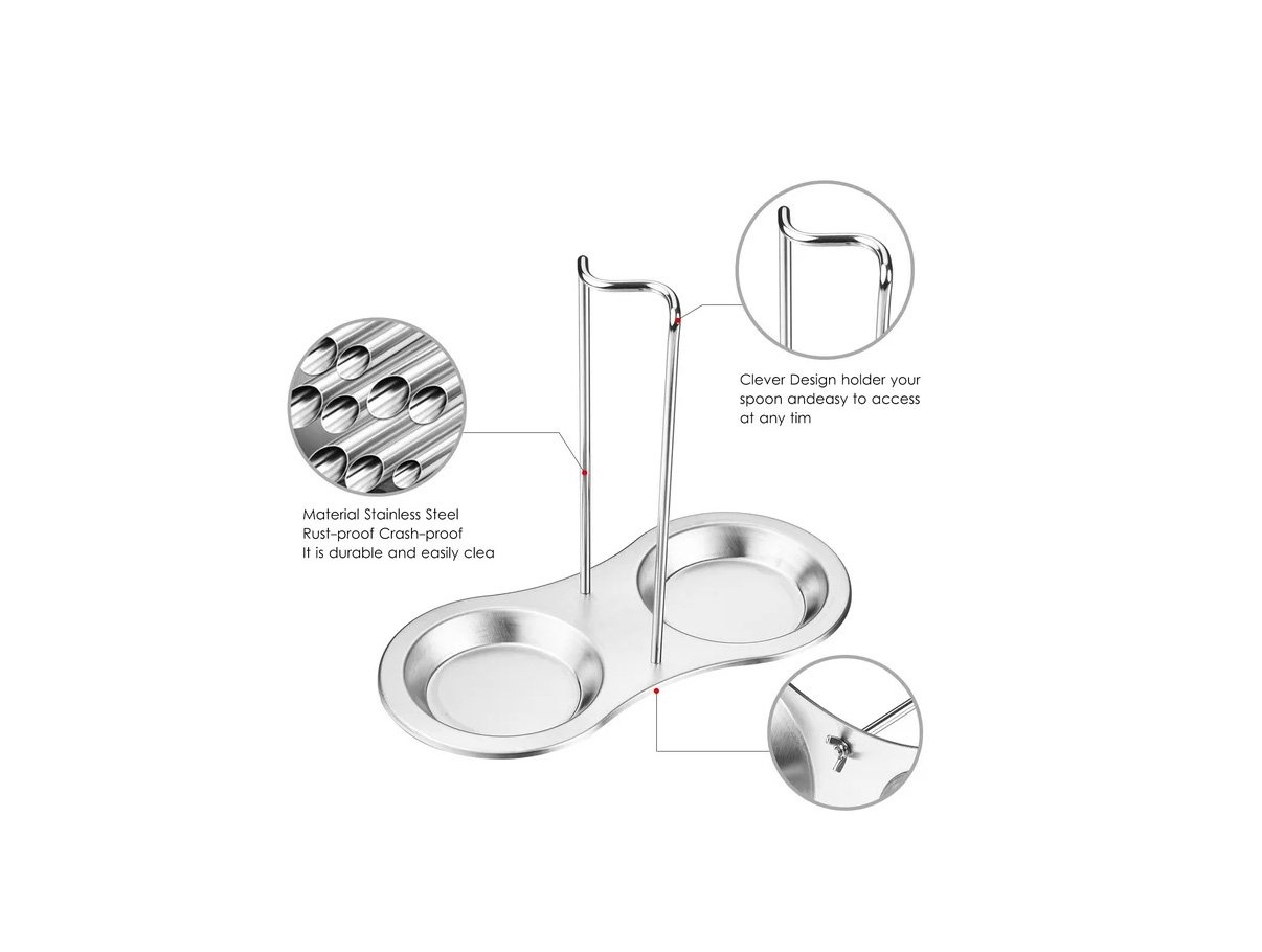 Food-grade stainless steel standing spoon rest with dual resting dishes for kitchen utensils in silver color.