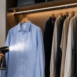 Steam Glide² SG-500 handheld garment steamer with powerful steam output smoothing a blue shirt in a modern bedroom closet setting.