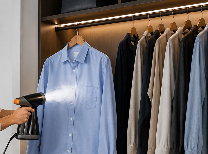 Steam Glide² SG-500 handheld garment steamer with powerful steam output smoothing a blue shirt in a modern bedroom closet setting.
