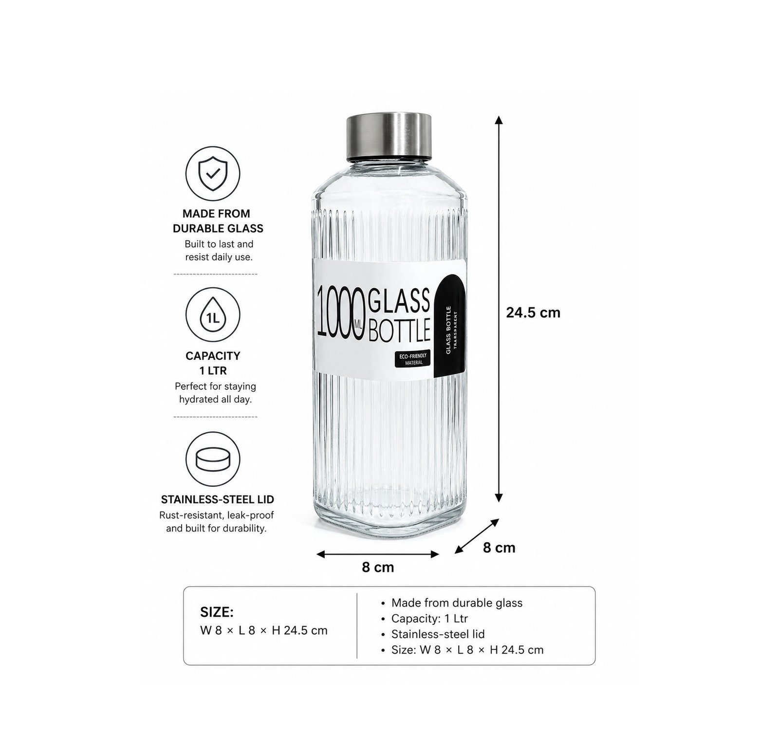 ribbed square glass bottle with stainless-steel airtight lid on white background