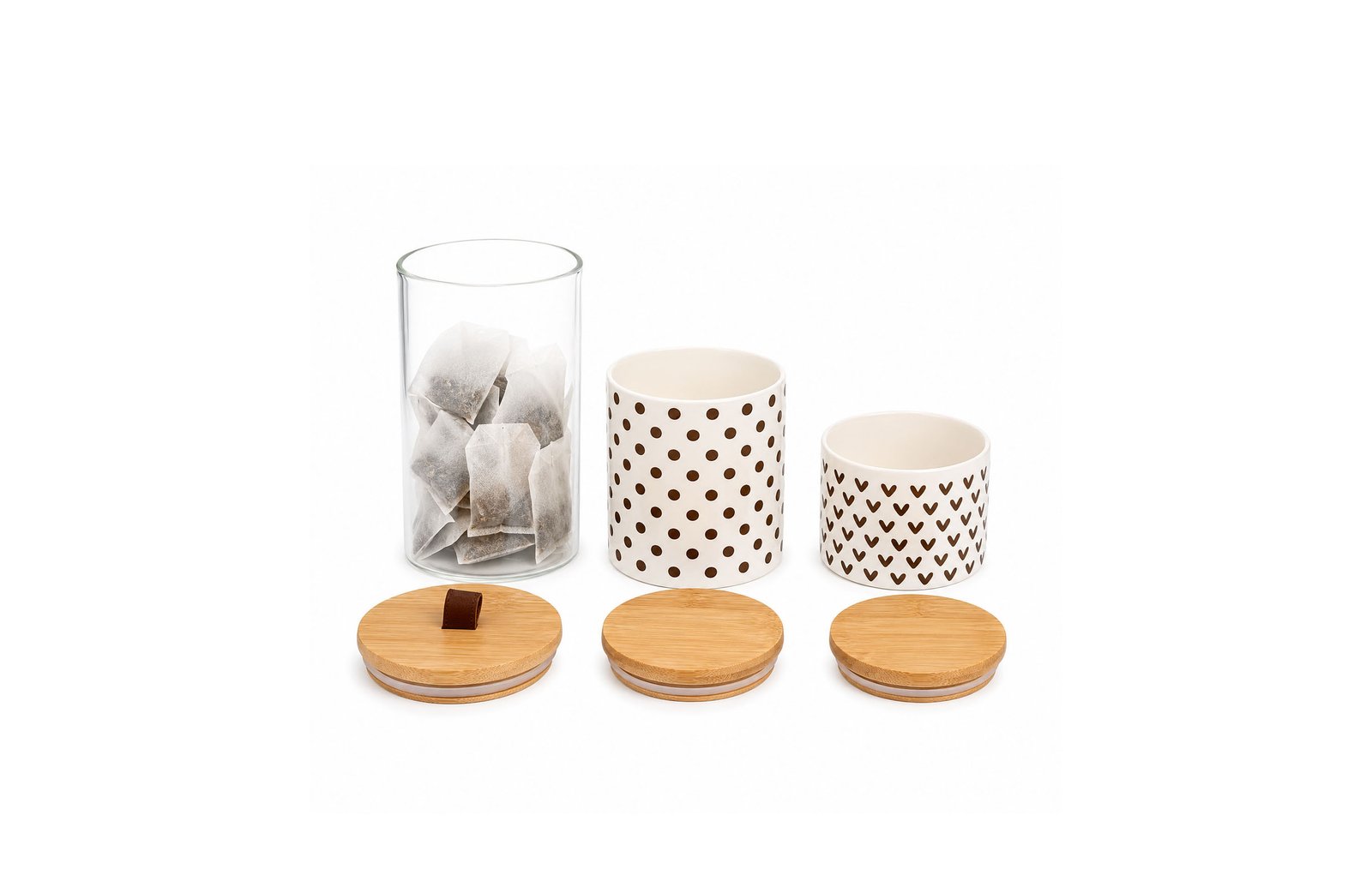 porcelain and glass kitchen canister set with airtight bamboo lids and decorative heart and polka dots designs on white background