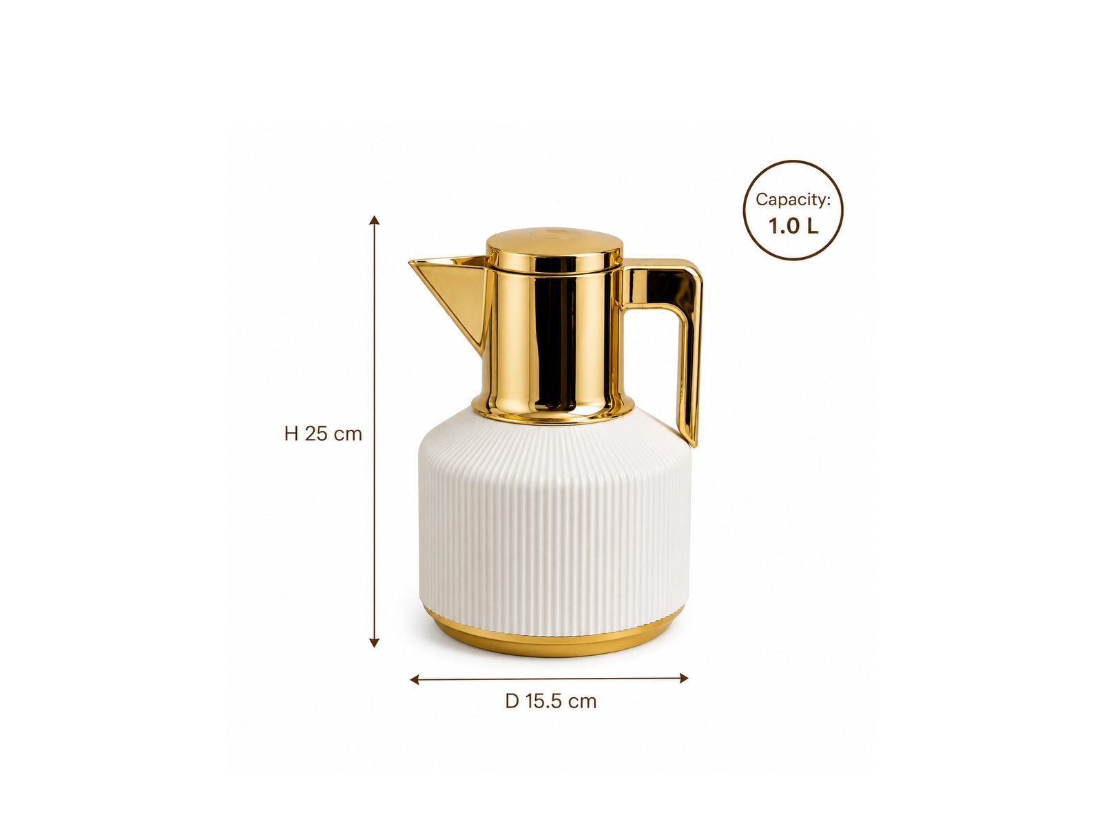 Ribbed white and gold Arabic coffee thermos 1 liter with luxury modern design on white background